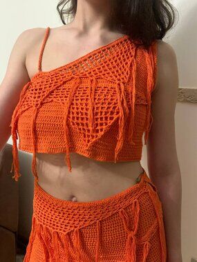 Handmade Crochet Two Piece Festival Set Orange Fringe Outfit